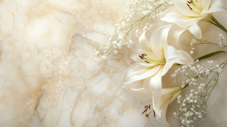 A serene arrangement of white lilies on a soft marble background, perfect for themed designs, floral decor, or tranquil settings.の素材