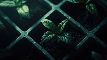 Close-up of fresh green seedlings emerging from soil in a grow tray. The image captures the early stages of plant growth, highlighting nature's vibrant beauty.の素材