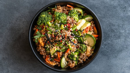 A vibrant bowl filled with fresh vegetables, grains, and sesame seeds. This healthy meal is perfect for quick lunches or dinners packed with flavor and nutrition.の素材