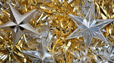 This image features sparkling silver and gold stars surrounded by cheerful tinsel, perfect for holiday celebrations, parties, and seasonal decor ideas.の素材