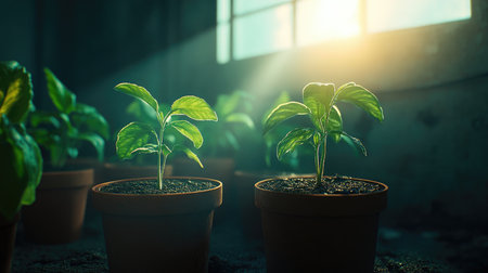 A close-up view of young green plants in pots, basking in warm natural light. This serene indoor scene captures the beauty of nature and growth.の素材