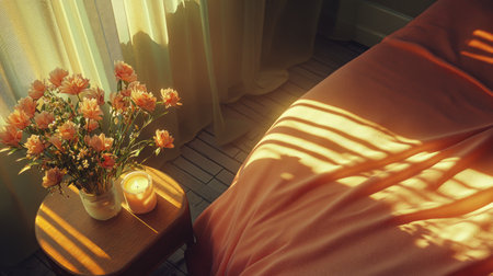 A serene bedroom scene featuring a bouquet of flowers, soft morning light, and a warm candle. Perfect for evoking feelings of comfort and tranquility.の素材
