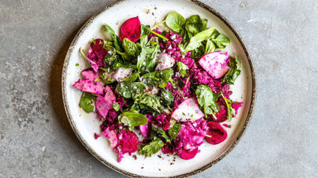 Discover a vibrant and healthy salad featuring fresh greens, beets, and herbs, perfect for any meal or as a refreshing appetizer.の素材