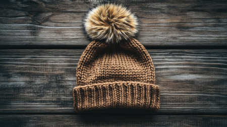 A cozy brown knit hat featuring a fluffy pom pom sits on a rustic wooden surface. Perfect for winter fashion, this accessory adds warmth and style.の素材