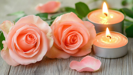 Enhance your space with this serene image featuring beautiful pink roses beside soft glowing candles and delicate petals on wood, perfect for romantic settings.の素材