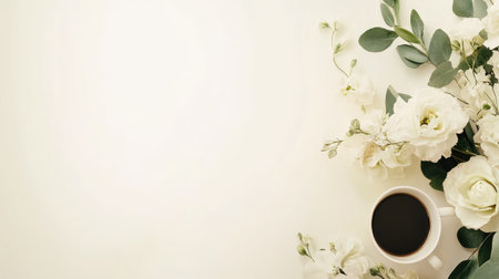 A serene still life featuring a cup of coffee surrounded by beautiful white flowers on a light background, evoking elegance and tranquility.の素材