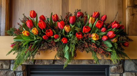 A stunning floral arrangement featuring vibrant tulips in various colors, perfect for enhancing indoor spaces with a touch of spring beauty.の素材