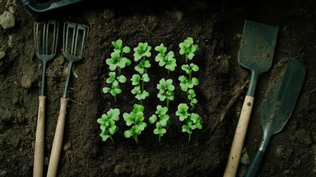 Fresh green seedlings emerge from rich soil, surrounded by essential gardening tools, symbolizing growth and nurturing in a vibrant garden setting.の素材