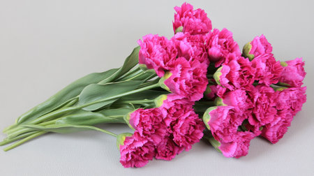 A stunning bouquet of bright pink carnations rests on a gray background. This vibrant floral arrangement adds a touch of nature's beauty to any space.の素材