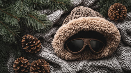 A cozy winter outfit featuring a soft knit hat and stylish sunglasses, surrounded by pine cones and greenery, perfect for cold weather styling.の素材
