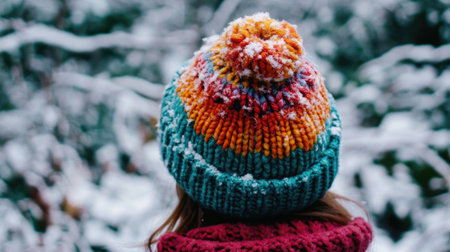 A vibrant wool hat adorned with colorful patterns stands out against a snowy landscape, embodying the coziness and joy of winter fashion.の素材
