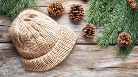 A cozy knit winter beanie rests on rustic wood, surrounded by pinecones and evergreen foliage, perfect for seasonal styling and warm accessories.の素材