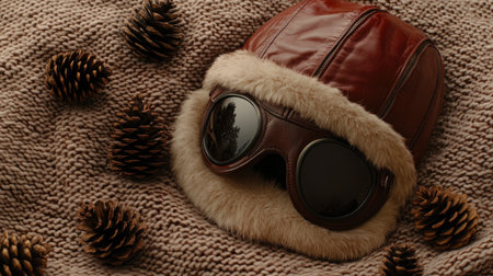 A vintage aviator hat with goggles rests on a cozy knit background surrounded by pinecones, evoking a sense of adventure and nostalgia.の素材