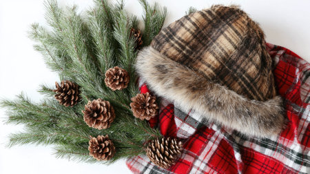 A cozy winter arrangement featuring a plaid hat, pine branches, and pinecones, perfect for showcasing seasonal warmth and rustic charm in photography.の素材
