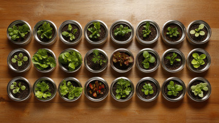 A beautiful arrangement of miniature plants in glass containers, showcasing vibrant greenery and rich soil, perfect for home decoration and urban gardening.の素材