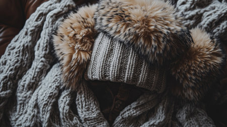 A cozy knit hat adorned with furry accents paired with a soft scarf. Perfect for keeping warm indoors or outdoors during the chilly season. Ideal for winter fashion lovers.の素材