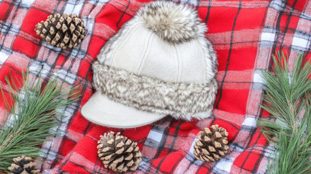 A cozy winter hat rests on a red checkered blanket adorned with pinecones and green accents, perfect for a festive seasonal setting and holiday vibe.の素材