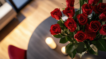A stunning arrangement of elegant red roses placed on a table, complemented by flickering candles, creating a warm and romantic atmosphere perfect for any special occasion.の素材