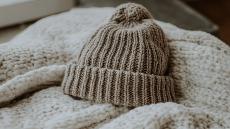 A cozy knit beanie rests on a soft, textured blanket, creating a warm and inviting atmosphere perfect for winter vibes and indoor relaxation.の素材