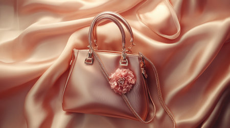 A stylish pink handbag adorned with a floral accent rests elegantly on a soft fabric background, embodying luxury and modern design. Perfect for fashion enthusiasts.の素材