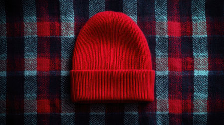 A vibrant red beanie placed on a patterned fabric backdrop, highlighting the cozy appeal of winter accessories. Perfect for fashion and lifestyle imagery.の素材