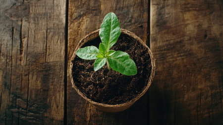 A vibrant green seedling grows in a biodegradable pot on a rustic wooden table, symbolizing growth and new beginnings in gardening and nature.の素材