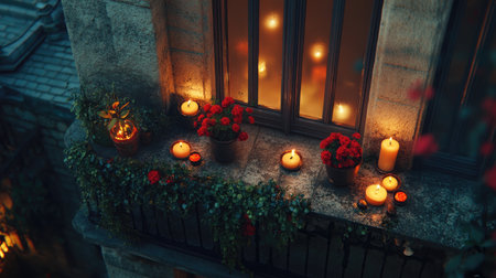 A charming balcony adorned with flickering candles and vibrant red flowers creates a warm and inviting atmosphere, perfect for relaxation at night.の素材