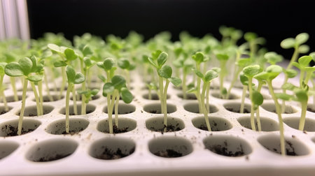 Young seedlings thrive in a seed tray, showcasing the early stages of plant growth. Ideal for topics on gardening, sustainability, and agriculture indoors.の素材