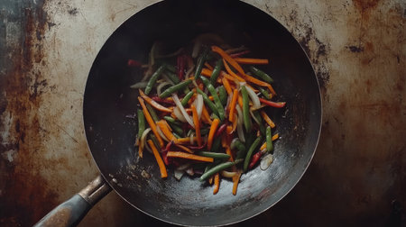 A vibrant mix of fresh vegetables stir-fried in a wok, showcasing a colorful array of peppers, carrots, and green beans, perfect for healthy meals.の素材