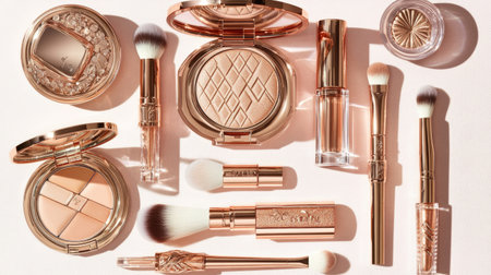 A stunning flat lay of an elegant makeup collection featuring various cosmetics and brushes, perfect for beauty enthusiasts and professionals.の素材