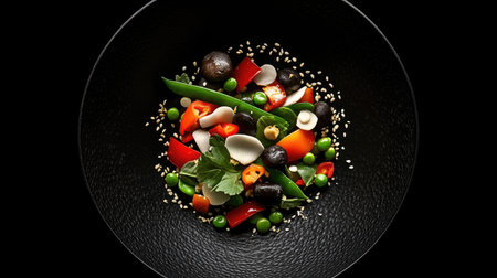 A beautifully arranged plate featuring vibrant fresh vegetables, showcasing a fusion of colors and textures ideal for healthy meal inspiration.の素材