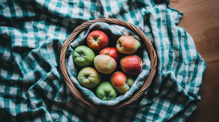 A beautifully arranged basket of fresh apples sits atop a checkered cloth. This vibrant image captures the essence of healthy eating and seasonal harvest.の素材