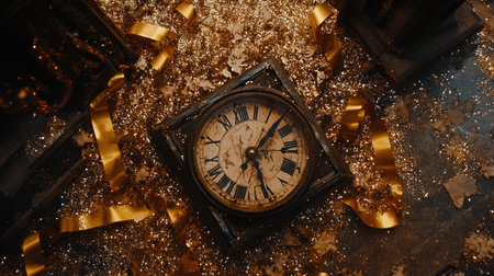 A vintage clock rests atop a glittering surface, surrounded by golden confetti and elegant ribbons, capturing the essence of celebration and timelessness.の素材
