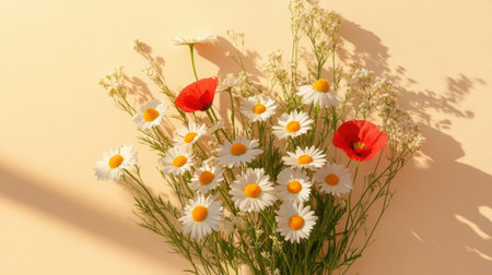 A vibrant floral arrangement featuring white daisies and red poppies against a soft background. This image captures the beauty and freshness of nature, perfect for seasonal themes.の素材
