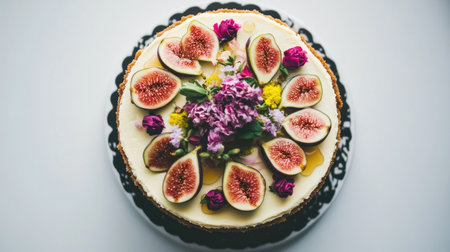 This stunning cake features fresh figs and vibrant edible flowers, creating a visually appealing centerpiece perfect for any celebration or event.の素材
