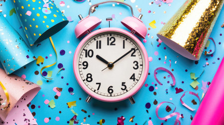 A vibrant and colorful scene featuring a pink alarm clock surrounded by festive confetti and decorations, perfect for celebrating special moments.の素材