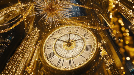 A stunning clock surrounded by shimmering gold lights and starbursts, capturing the essence of celebration and elegance for festive occasions.の素材
