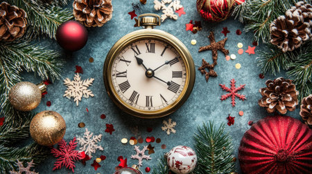 A vintage clock sits amidst a festive arrangement of holiday decorations, including ornaments, pine, and seasonal accents, capturing the essence of celebration.の素材