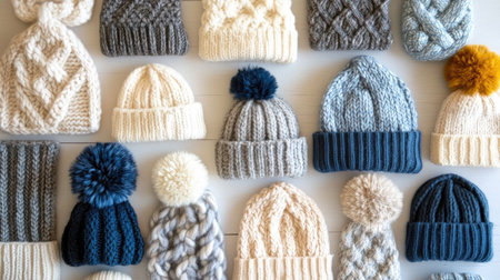 A stunning collection of cozy knitted hats showcasing various styles and textures. Perfect for winter fashion and accessories enthusiasts.の素材