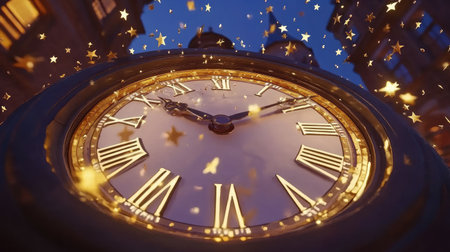 A stunning antique clock adorned with sparkling stars, capturing the magic of dusk. Perfect for themes of time, celebration, and elegance in any design project.の素材