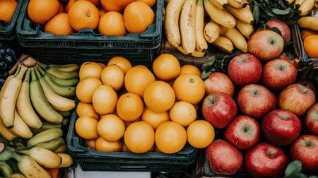 A vibrant market stall brimming with fresh fruits, including oranges, apples, and bananas, showcasing the beauty of healthy eating and local produce.の素材