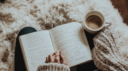 A cozy moment capturing a person writing in a journal while enjoying a warm cup of coffee, enveloped in a soft blanket, perfect for relaxation and inspiration.の素材