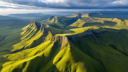 Stunning aerial view of a vibrant green mountain range beneath a dramatic sky, showcasing rugged cliffs and undulating hills in a serene natural landscape.の素材