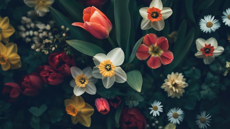 A vibrant array of colorful flowers in a garden setting, showcasing the beauty of spring blooms. Ideal for nature, floral, and outdoor themes.の素材