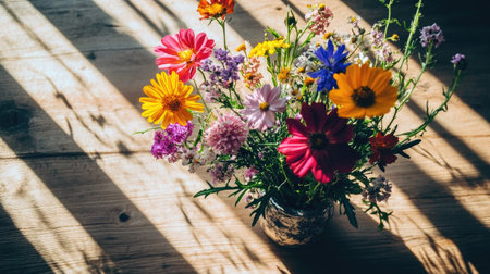 A vibrant bouquet of colorful flowers arranged in a vase, casting beautiful shadows in warm sunlight. Perfect for adding freshness and beauty to any space.の素材
