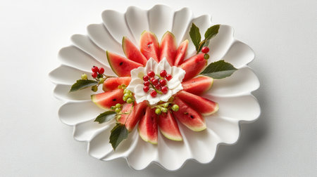 A beautiful arrangement of fresh watermelon slices with berries and a creamy topping, perfect for summer desserts or healthy snacks.の素材