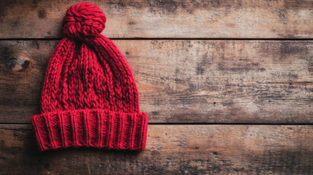 A cozy red knit hat with a pompom rests on a rustic wooden surface. Perfect for winter fashion and seasonal accessories, this image captures warmth and style.の素材