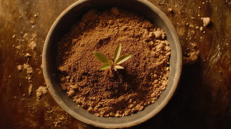 A close-up view of a vibrant seedling emerging from rich soil in a pot. This image symbolizes nature's growth and the nurturing process of planting life.の素材