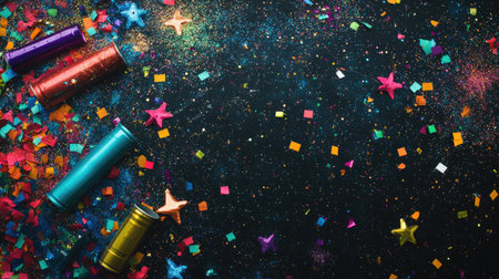 Bright and colorful confetti scattered across a dark background with party accessories, creating a festive atmosphere for any celebration or event.の素材