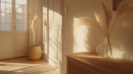 A serene interior scene showcasing a decorative vase with soft flowers, warm sunlight casting gentle shadows, creating a tranquil atmosphere in a cozy space.の素材